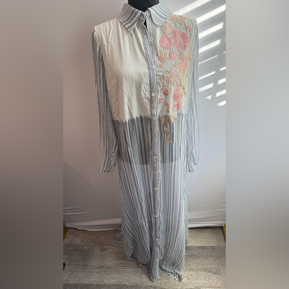 Andrew by‎ unit Chic Long Sleeve Striped Dress with Floral Embroidered Accents